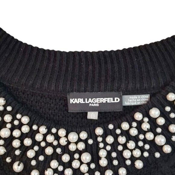 KARL LAGERFELD PARIS Black W/Pearl Embellished Neck Cable Knit Sweater Sz XL/16 - Picture 7 of 11